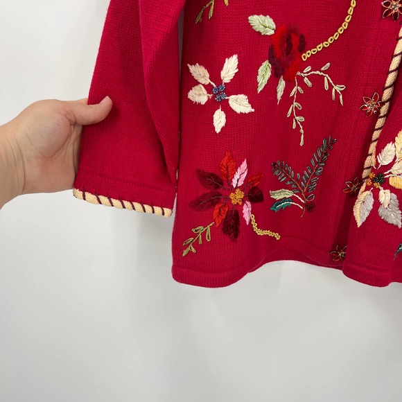 Vintage Storybrook Knits Long Sweater Cardigan Embroidered Poinsettia Large - Picture 10 of 10